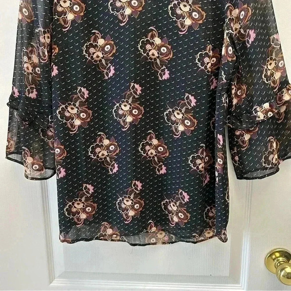 DR2 Blouse Sheer Ruffle Sleeve Bohemian Dark Floral Flowy Black Brown Small - Picture 5 of 12